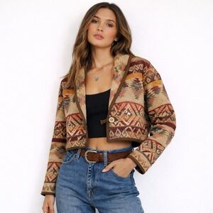 VTG 90s Cropped Southwest Tapestry Jacket Flashback Aztec Cotton M Boho